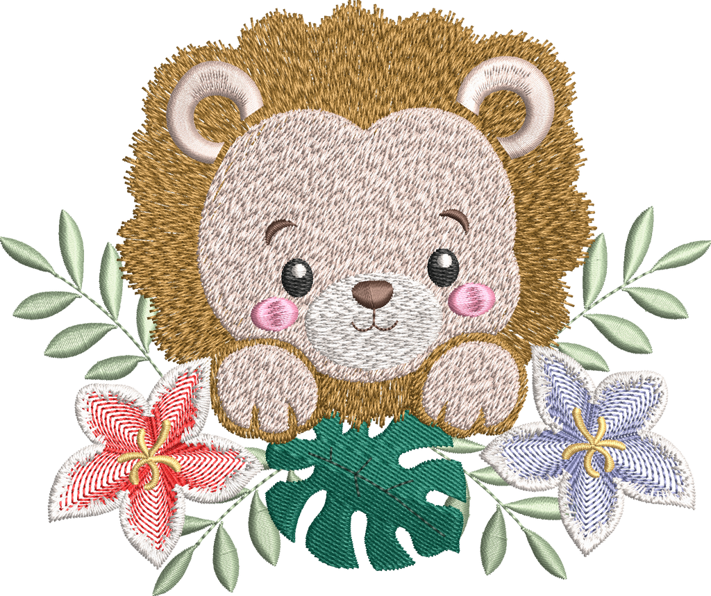 Motif de broderie machine Lionceau Fleuri entouré de fleurs tropicales et feuillages, disponible en 3 tailles