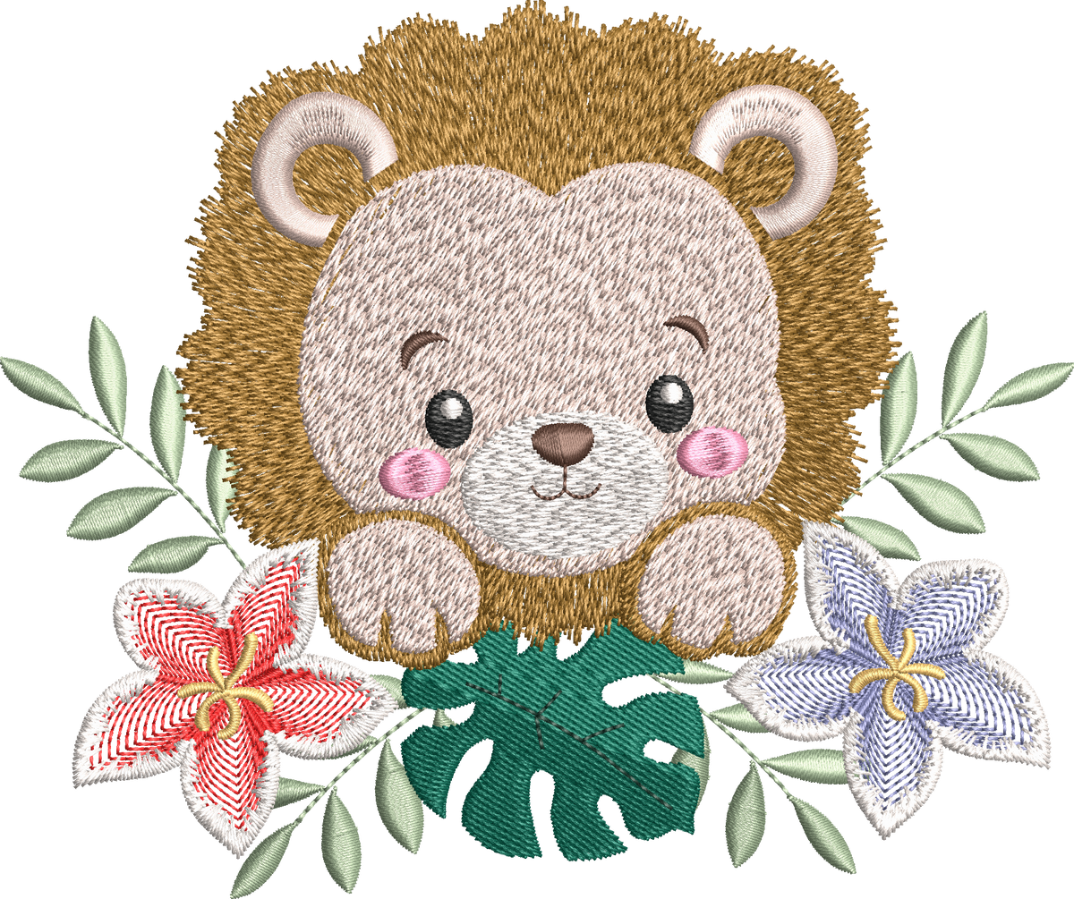 Motif de broderie machine Lionceau Fleuri entouré de fleurs tropicales et feuillages, disponible en 3 tailles