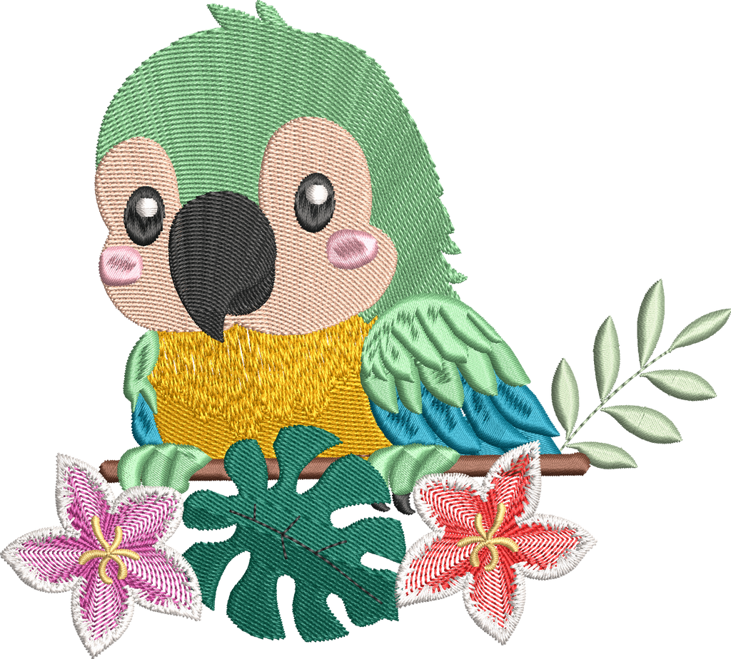 Motif de broderie machine Perroquet Fleuri Tropical entouré de fleurs et feuillages disponible en 3 tailles