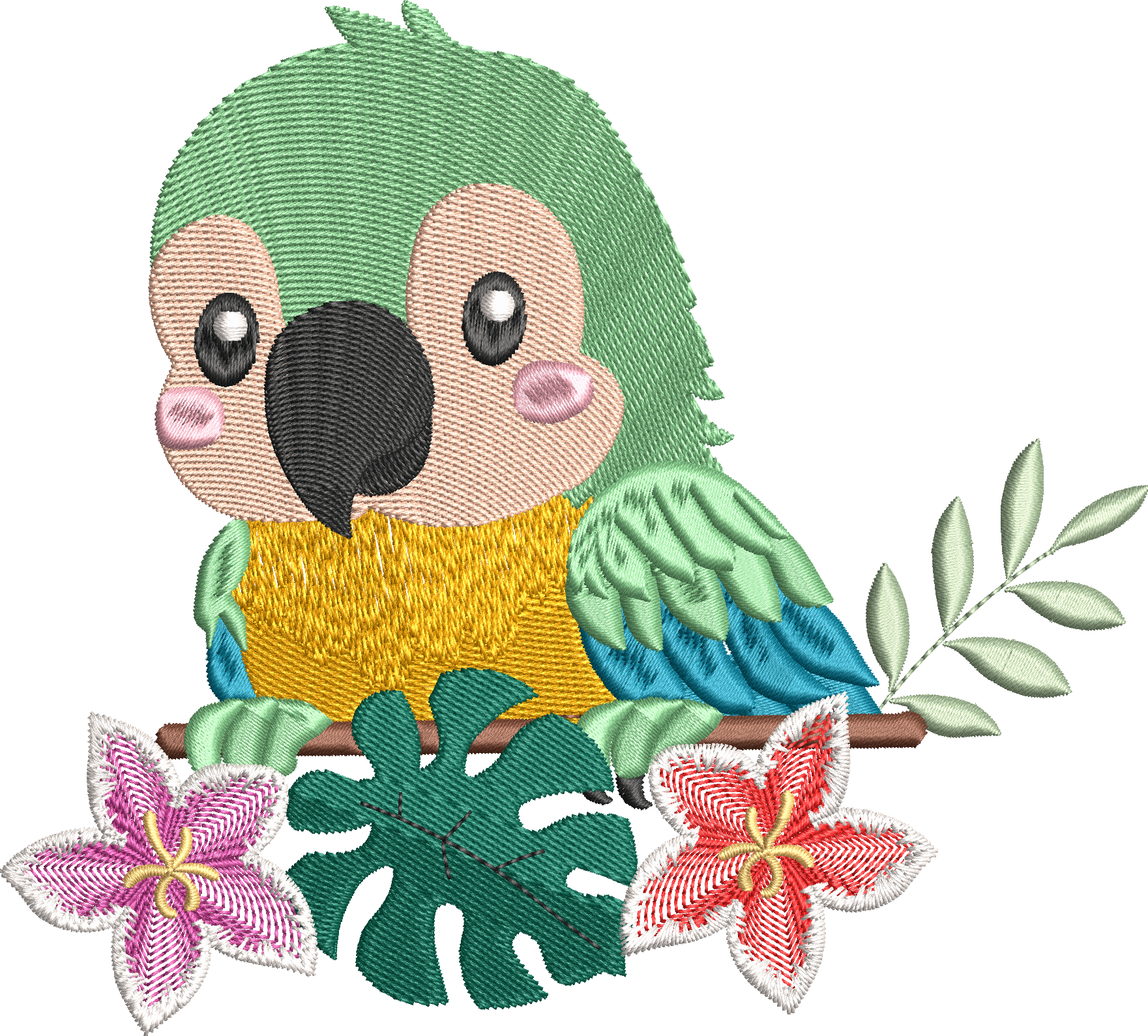 Motif de broderie machine Perroquet Fleuri Tropical entouré de fleurs et feuillages disponible en 3 tailles