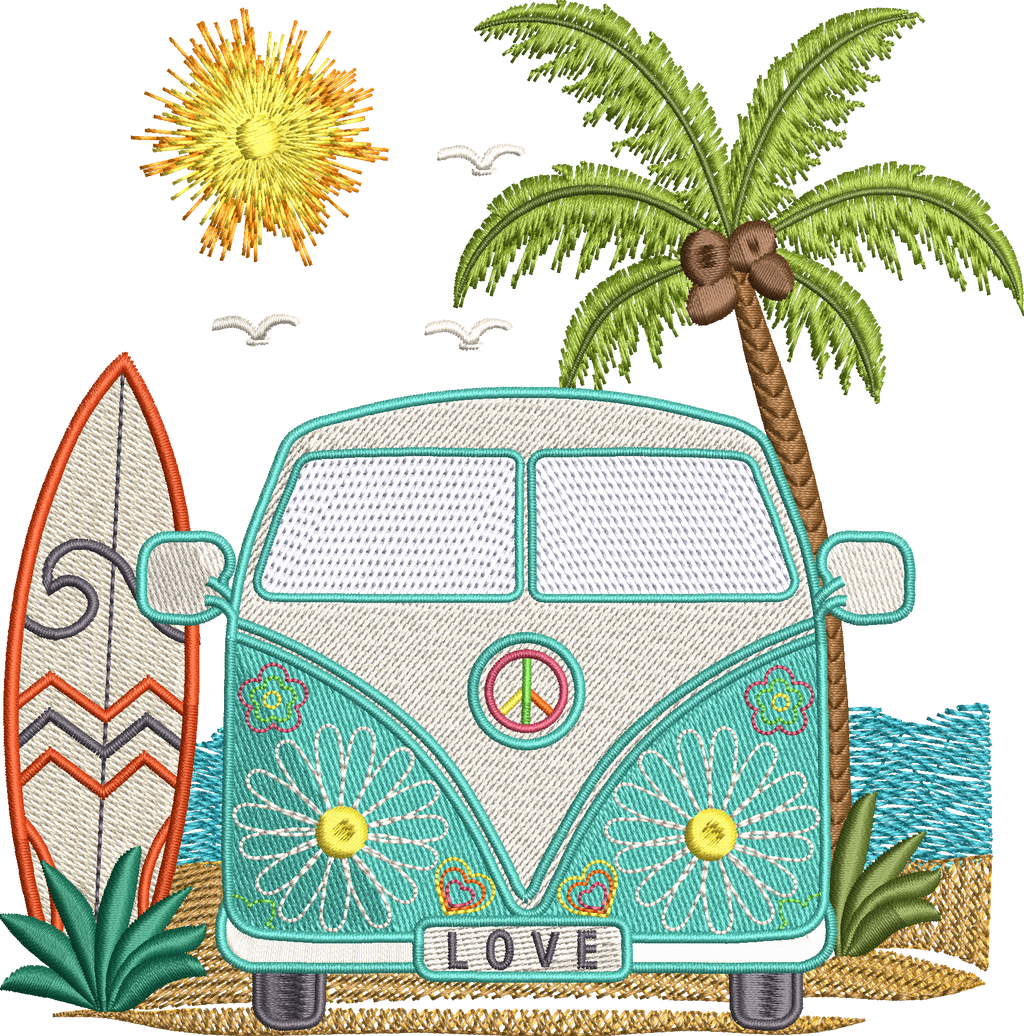 Motif de broderie Van Life 15x15 avec combi rétro Peace & Love, palmier, planche de surf, océan et soleil compatible Mylar