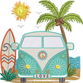 Motif de broderie Van Life 15x15 avec combi rétro Peace & Love, palmier, planche de surf, océan et soleil compatible Mylar