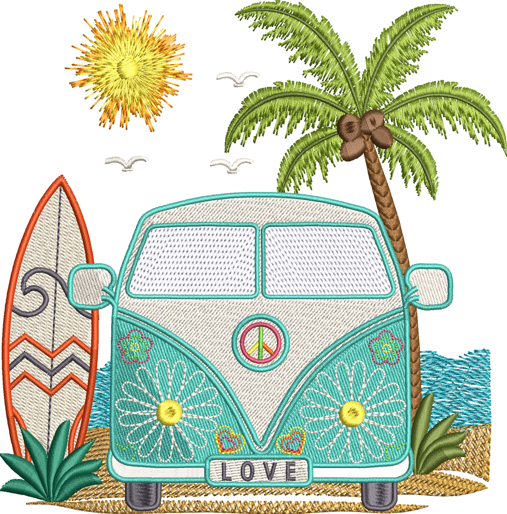 Motif de broderie Van Life 15x15 avec combi rétro Peace & Love, palmier, planche de surf, océan et soleil compatible Mylar