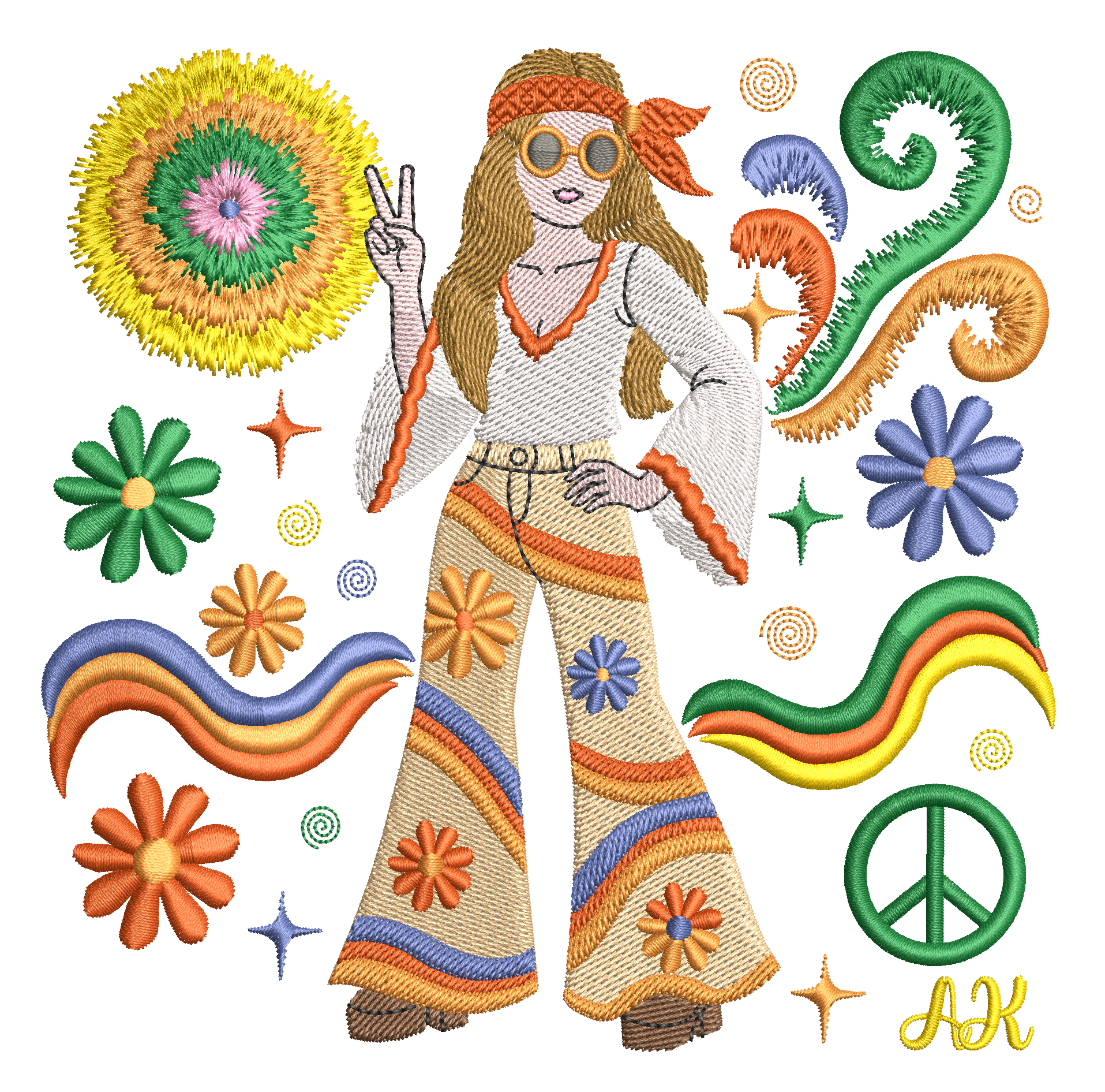 Motif de broderie Femme Hippie Peace & Love avec fleurs seventies, symbole paix et éléments en point fourrure disponible en 10x10 et 15x15