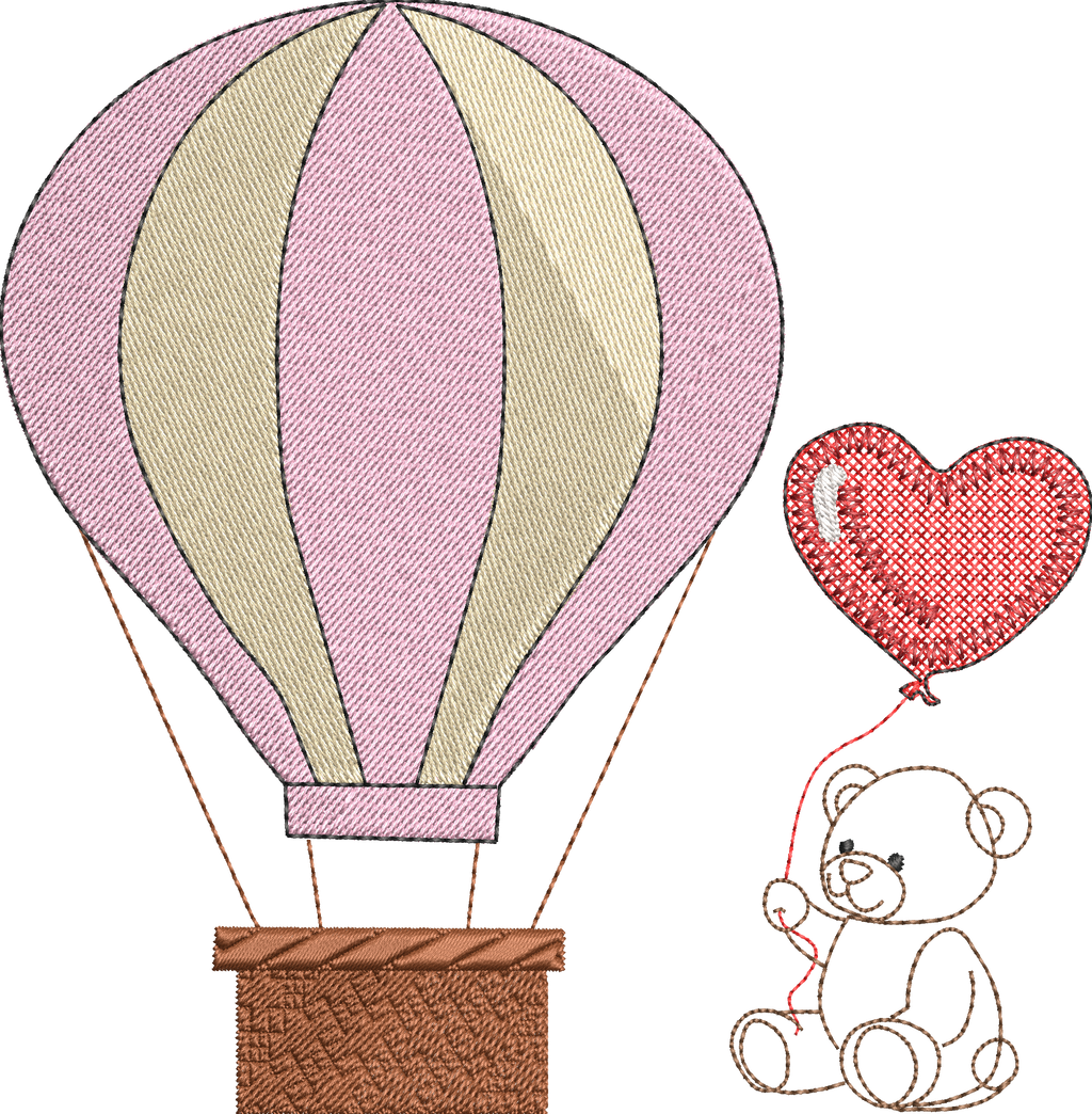 Montgolfière & Nounours au Ballon Cœur | Motif Broderie Naissance et Baptême