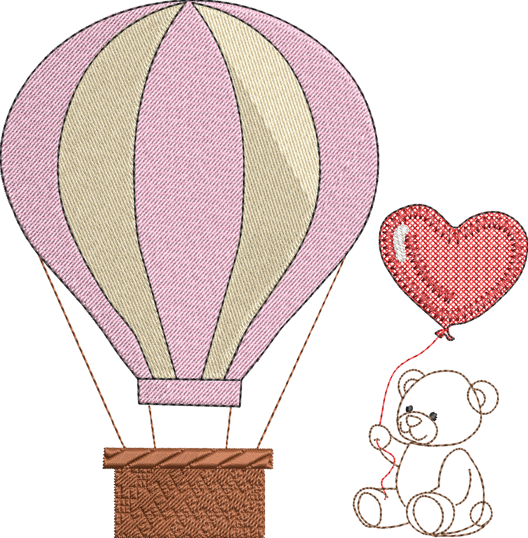 Montgolfière & Nounours au Ballon Cœur | Motif Broderie Naissance et Baptême