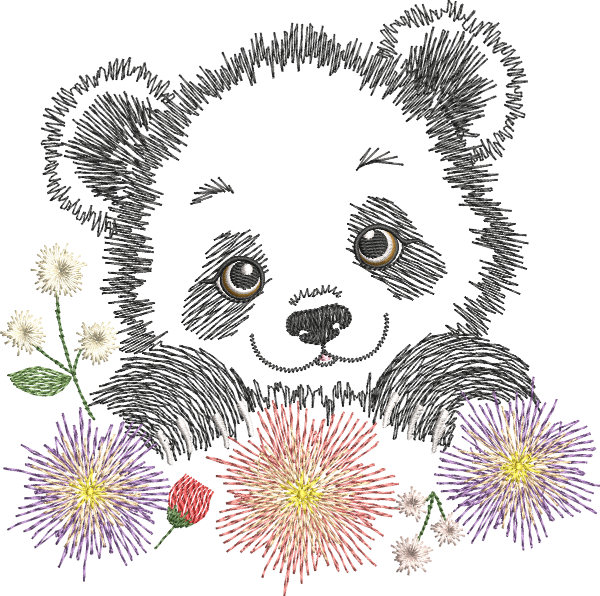 Panda Fleuri – motif de broderie machine texturé entouré de fleurs et feuillages – 4 tailles