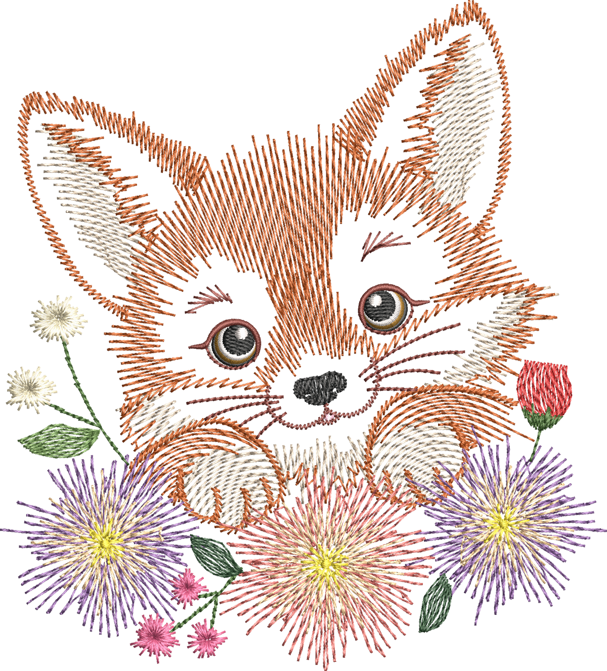 Renard Fleuri – motif de broderie machine texturé entouré de fleurs et feuillages – 4 tailles