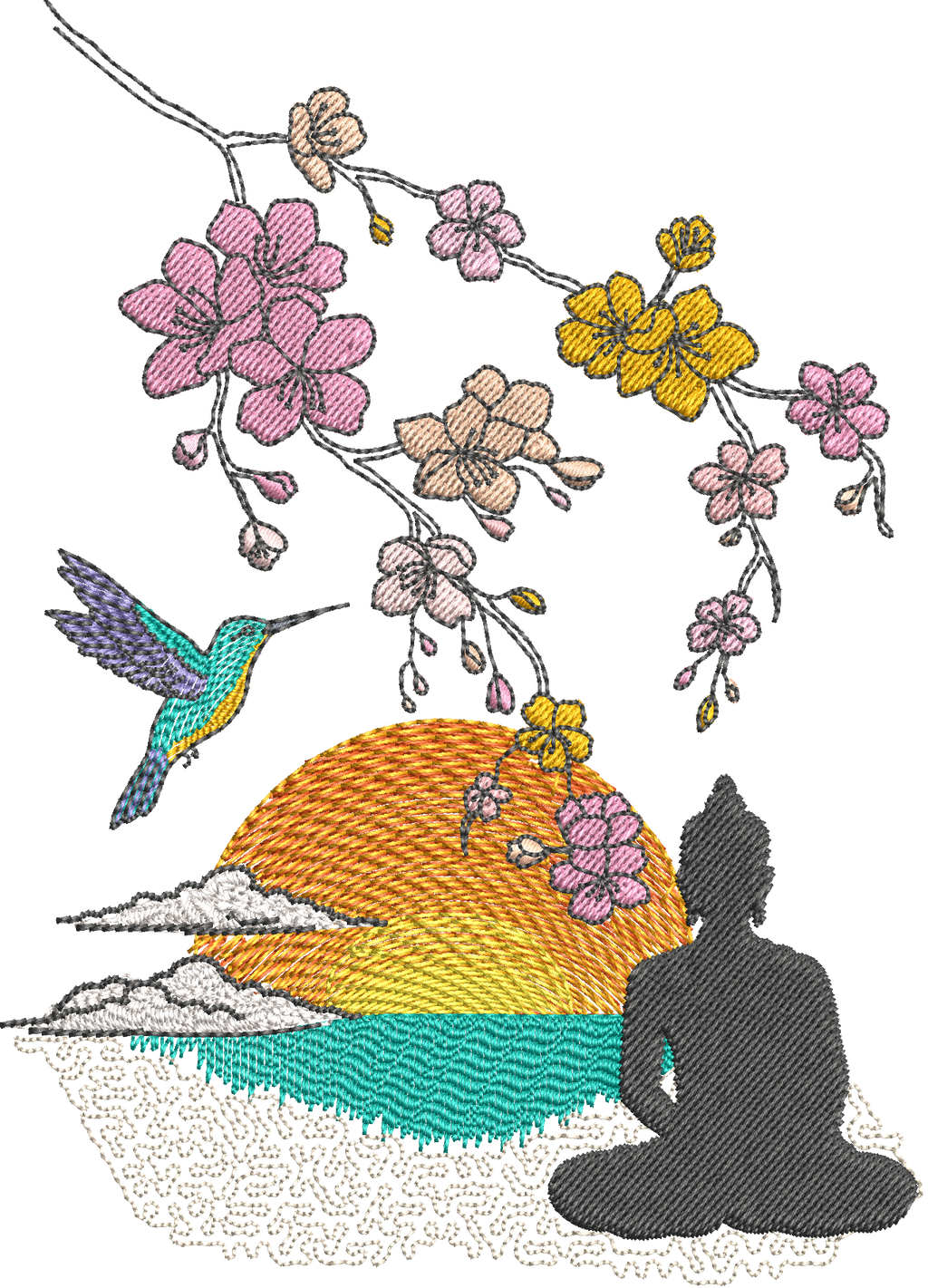 Paysage Zen Bouddha & Sakura Couleurs ou NB - Fichier broderie disponible 10x10, 15x15, 18x13, 20x20 ou 26x16, pack 4 tailles