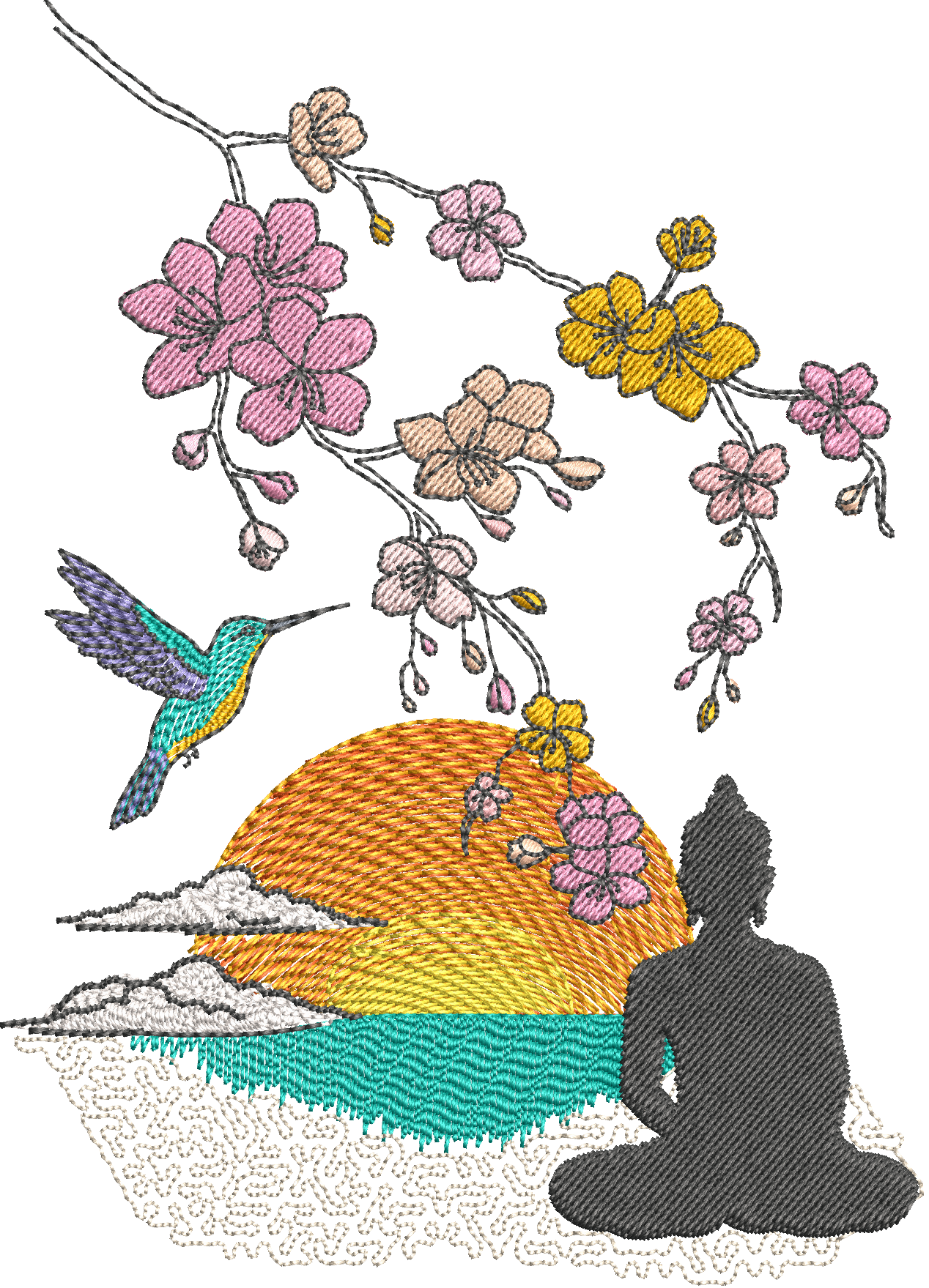 Paysage Zen Bouddha & Sakura Couleurs ou NB - Fichier broderie disponible 10x10, 15x15, 18x13, 20x20 ou 26x16, pack 4 tailles