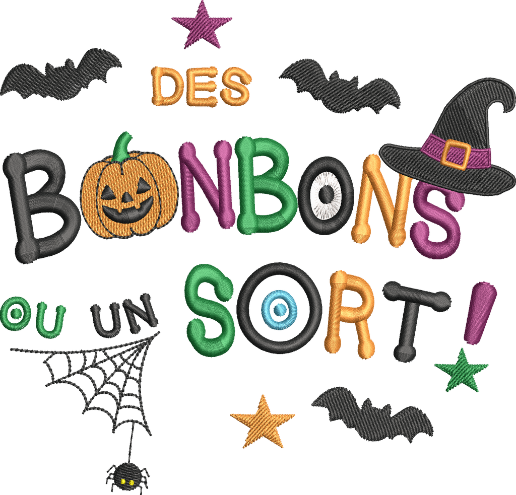 Motif broderie Halloween Des Bonbons ou un Sort ! avec citrouille, sorcière, chauves-souris et araignée. Disponible en formats 10x10 et 15x15.
