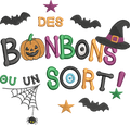 Motif broderie Halloween Des Bonbons ou un Sort ! avec citrouille, sorcière, chauves-souris et araignée. Disponible en formats 10x10 et 15x15.