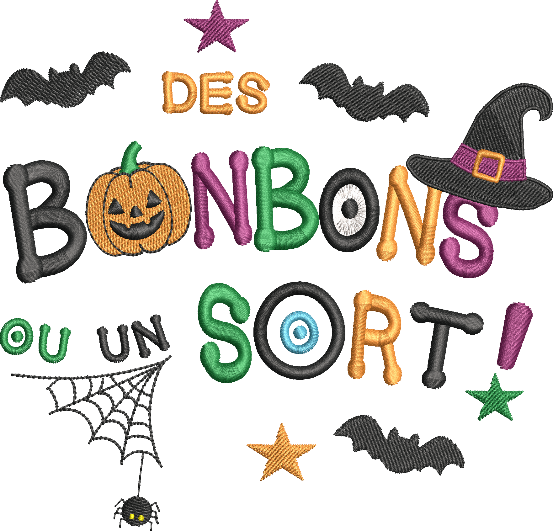 Motif broderie Halloween Des Bonbons ou un Sort ! avec citrouille, sorcière, chauves-souris et araignée. Disponible en formats 10x10 et 15x15.