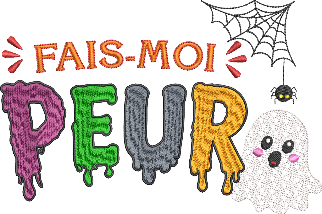 Fais-moi Peur – motif de broderie machine Halloween avec fantôme, lettrage coloré, toile et araignée