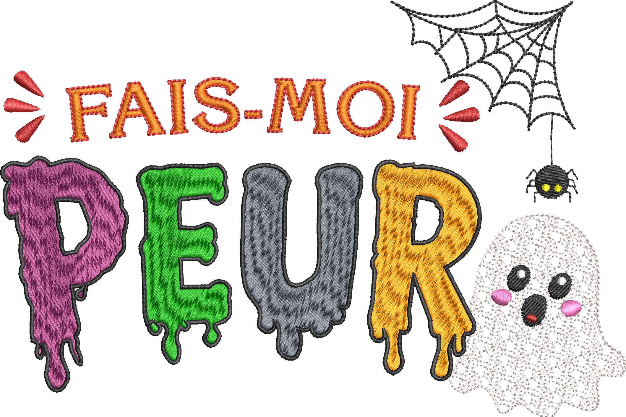 Fais-moi Peur – motif de broderie machine Halloween avec fantôme, lettrage coloré, toile et araignée