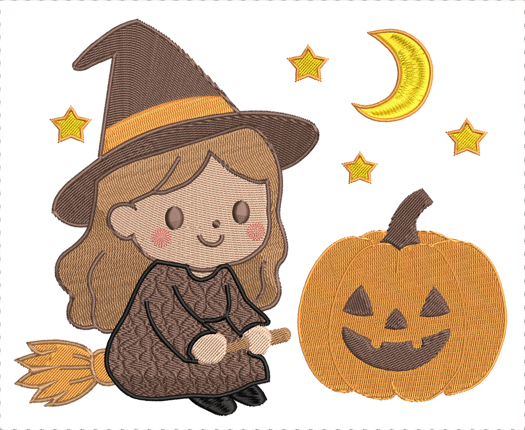 Motif de broderie machine Halloween petite sorcière sur son balai avec citrouille lune et étoiles