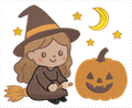 Motif de broderie machine Halloween petite sorcière sur son balai avec citrouille lune et étoiles