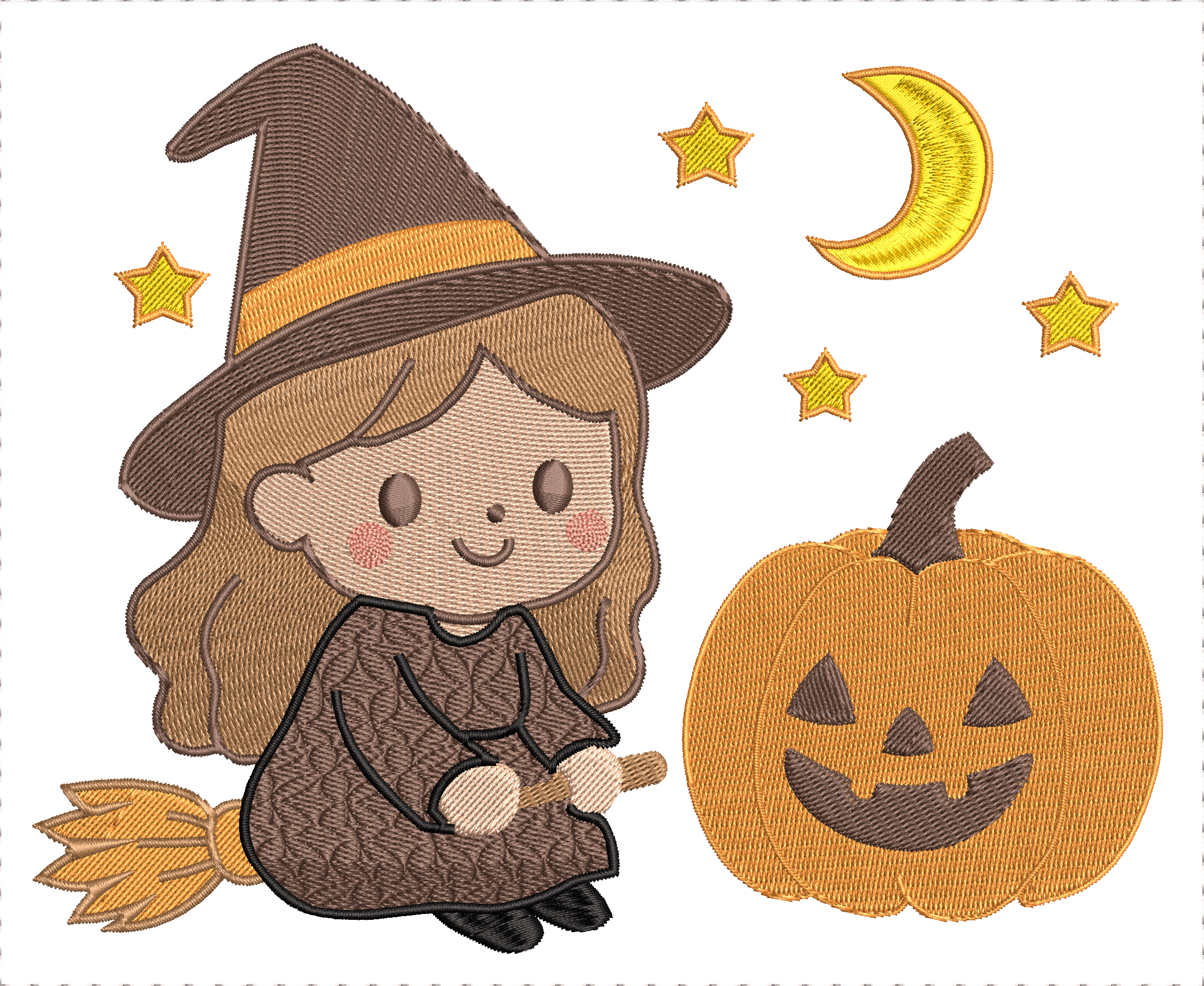 Motif de broderie machine Halloween petite sorcière sur son balai avec citrouille lune et étoiles