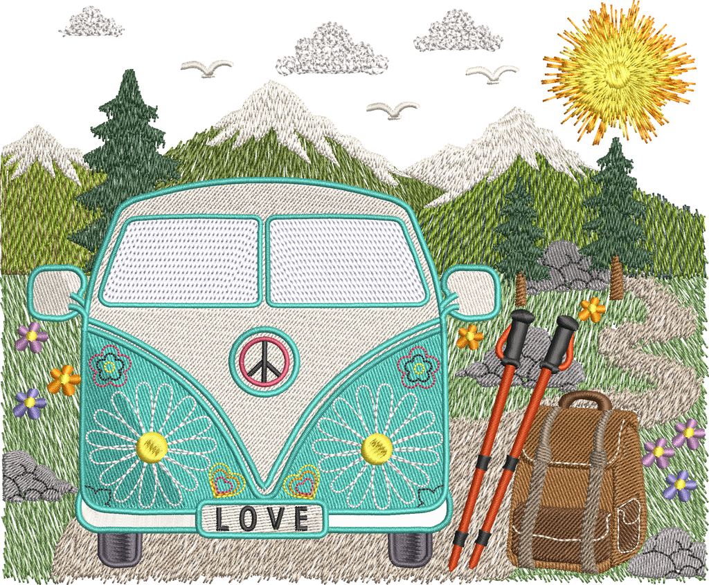 Van Life Randonnée – motif de broderie machine avec combi rétro, montagnes, sapins, sac à dos et bâtons de randonnée