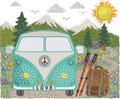 Van Life Randonnée – motif de broderie machine avec combi rétro, montagnes, sapins, sac à dos et bâtons de randonnée