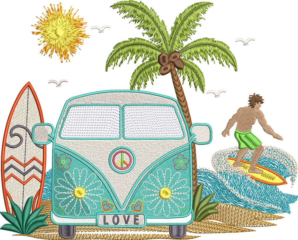 Motif de broderie Van Life avec combi rétro Peace & Love, surfeur, palmier, planche de surf, océan et soleil compatible Mylar pour cadres 20x20 et 26x16
