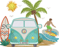 Motif de broderie Van Life avec combi rétro Peace & Love, surfeur, palmier, planche de surf, océan et soleil compatible Mylar pour cadres 20x20 et 26x16
