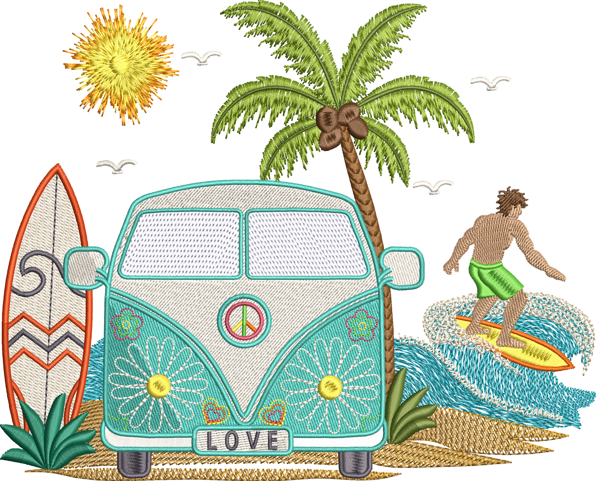 Motif de broderie Van Life avec combi rétro Peace & Love, surfeur, palmier, planche de surf, océan et soleil compatible Mylar pour cadres 20x20 et 26x16
