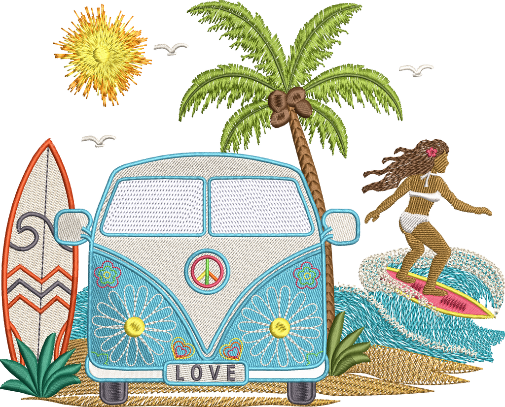 Motif de broderie Van Life avec combi rétro Peace & Love, surfeur, palmier, planche de surf, océan et soleil compatible Mylar pour cadres 20x20 et 26x16