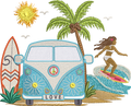 Motif de broderie Van Life avec combi rétro Peace & Love, surfeur, palmier, planche de surf, océan et soleil compatible Mylar pour cadres 20x20 et 26x16