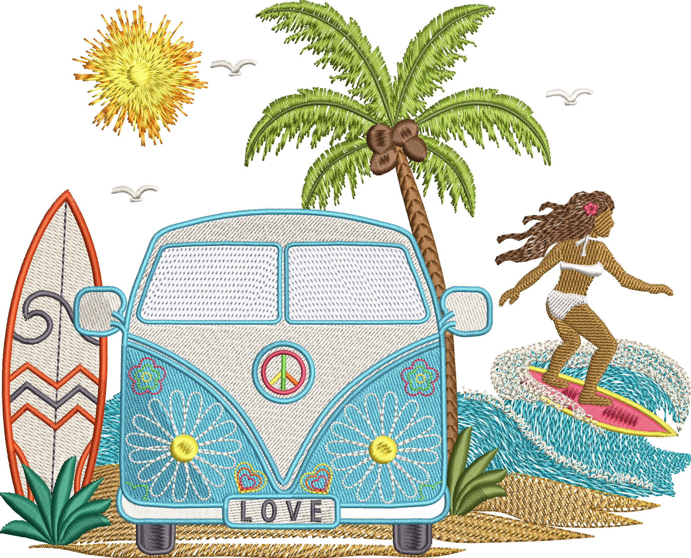 Motif de broderie Van Life avec combi rétro Peace & Love, surfeur, palmier, planche de surf, océan et soleil compatible Mylar pour cadres 20x20 et 26x16