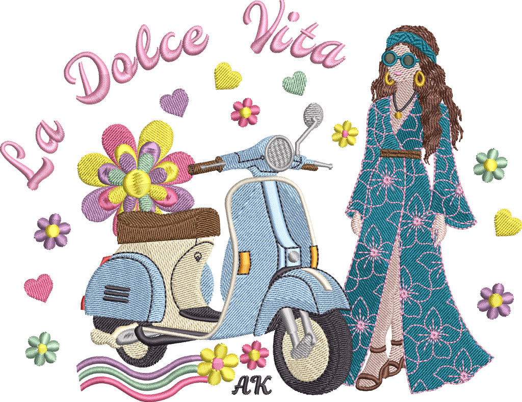 Scooter Dolce Vita & Femme Hippie – Flower Power – Motif de Broderie Machine Disponible en 20x20/26x16