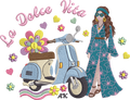 Scooter Dolce Vita & Femme Hippie – Flower Power – Motif de Broderie Machine Disponible en 20x20/26x16