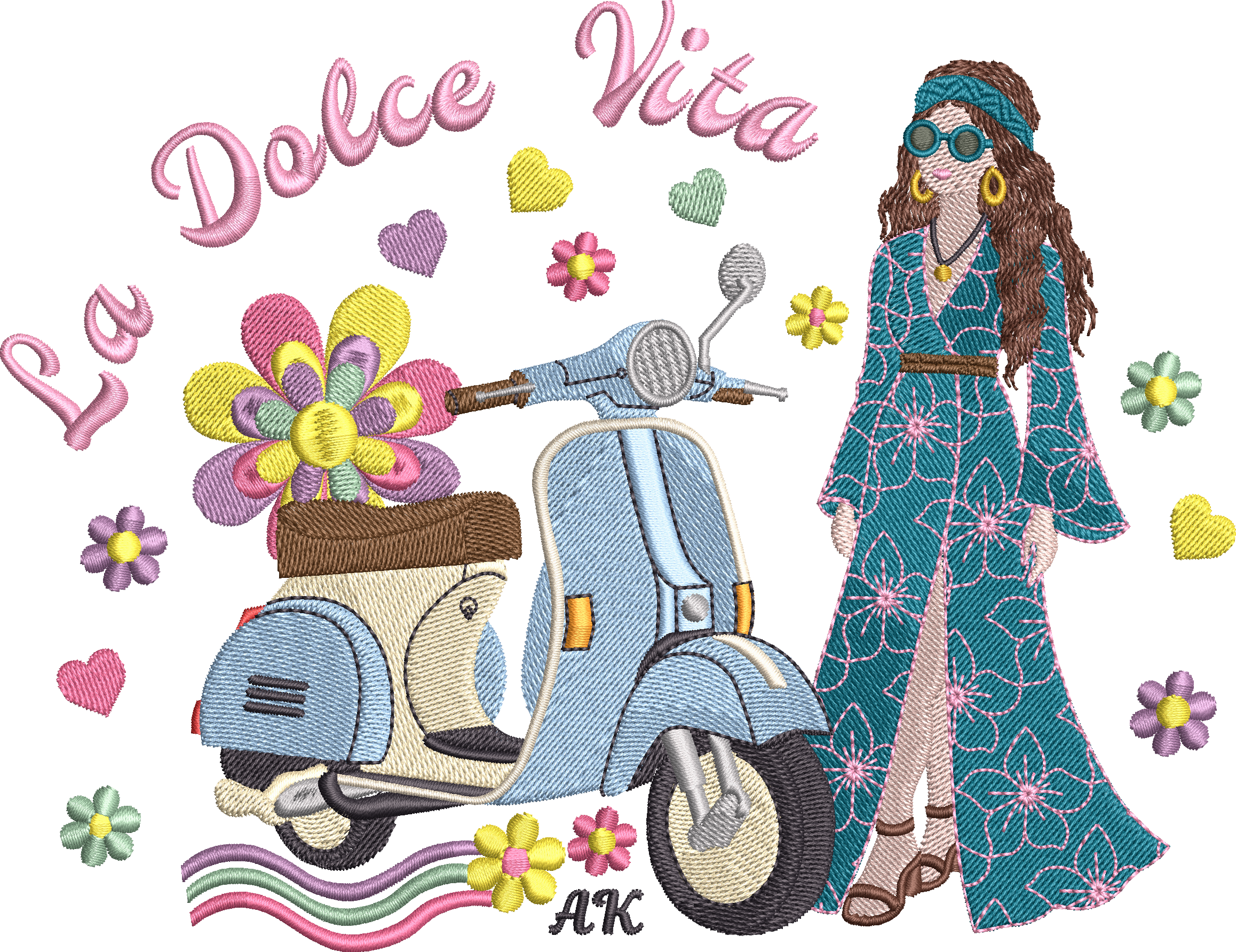 Scooter Dolce Vita & Femme Hippie – Flower Power – Motif de Broderie Machine Disponible en 20x20/26x16