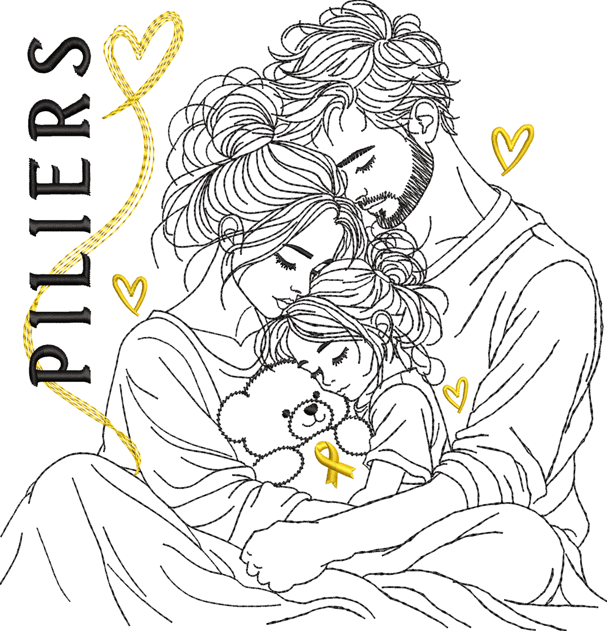 Ensemble Les Piliers – famille unie avec papa, maman et petite fille serrant un ourson au ruban doré – motif broderie Septembre en Or