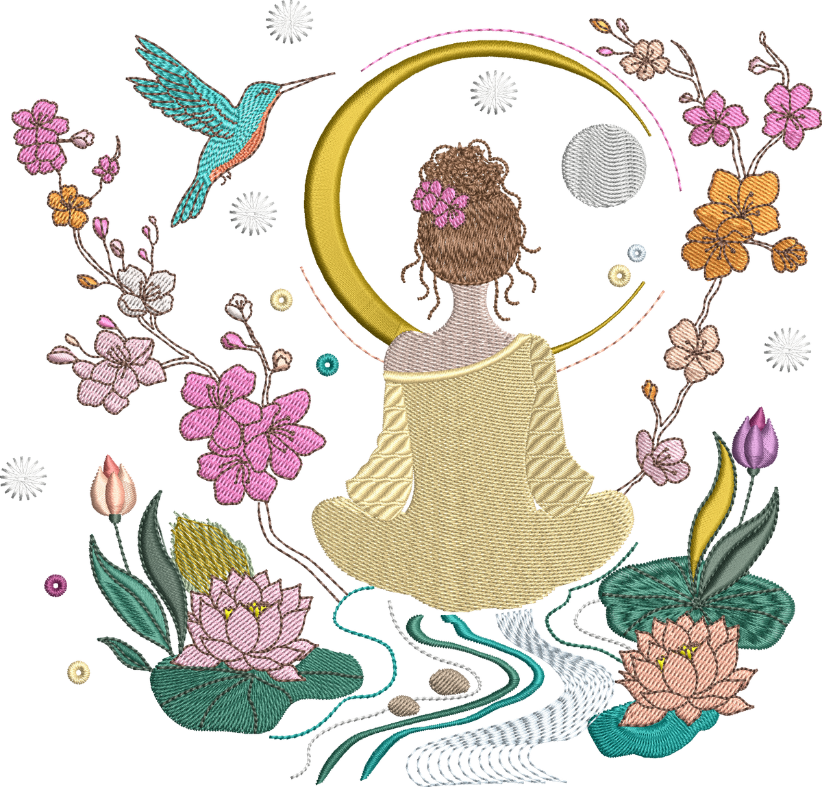 Méditation au Jardin des Songes – femme méditant entourée de fleurs, lotus, lune et colibri – motif de broderie machine