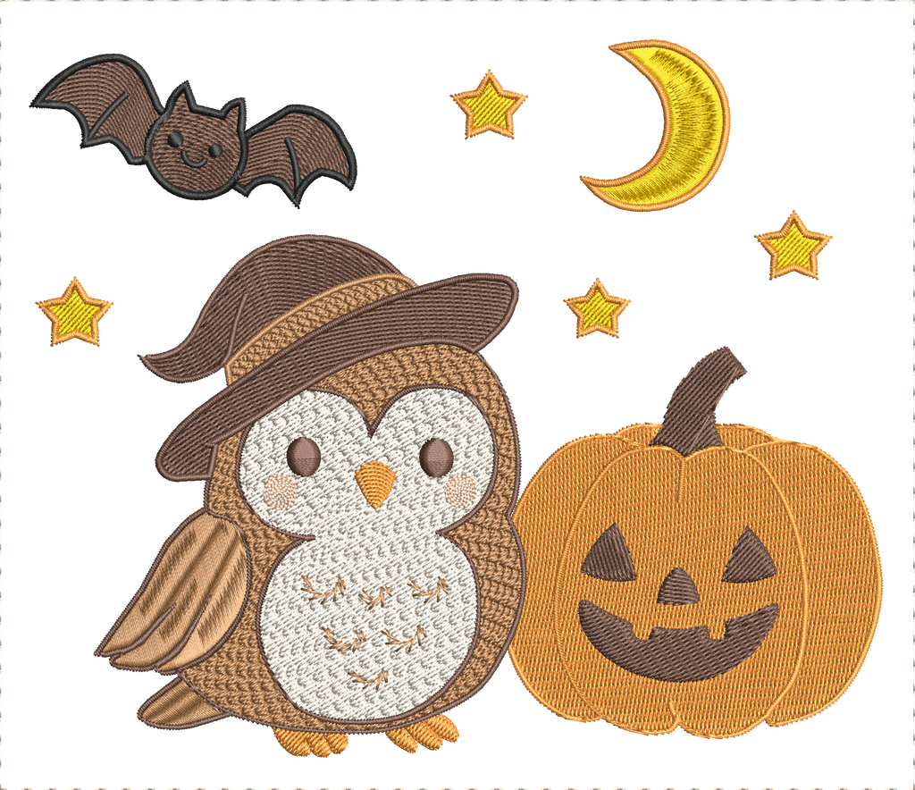 Motif de broderie machine Halloween chouette sorcière et citrouille avec chauve-souris lune et étoiles
