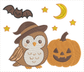 Motif de broderie machine Halloween chouette sorcière et citrouille avec chauve-souris lune et étoiles

