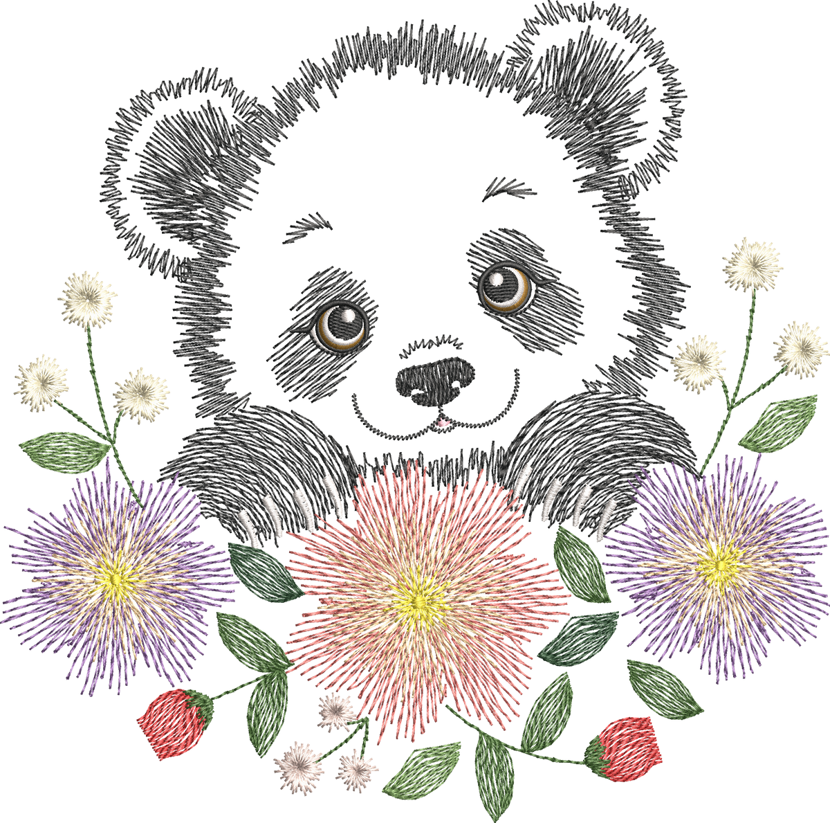 Panda Fleuri – motif de broderie machine texturé entouré de fleurs et feuillages – 4 tailles
