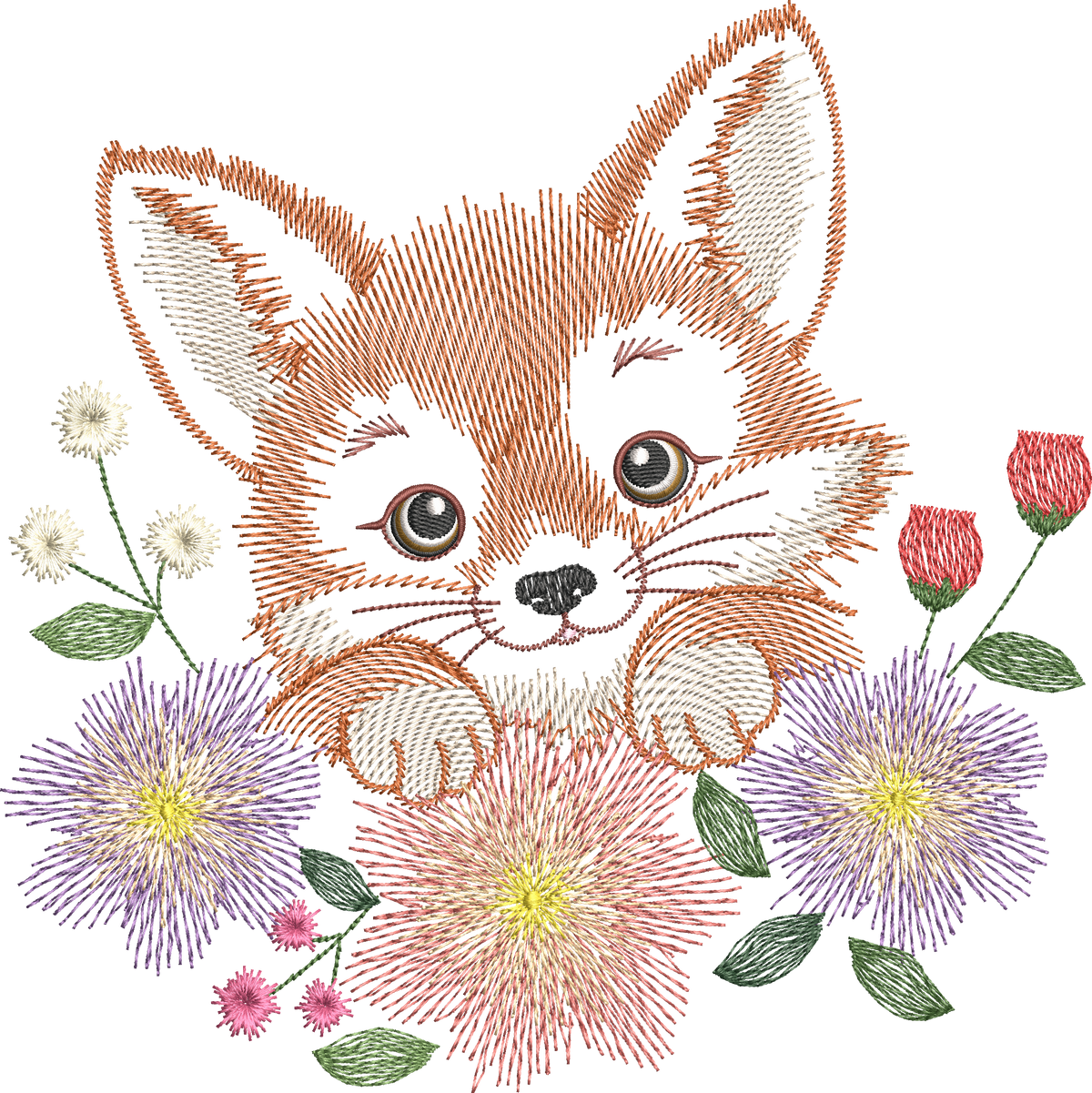 Renard Fleuri – motif de broderie machine texturé entouré de fleurs et feuillages – 4 tailles