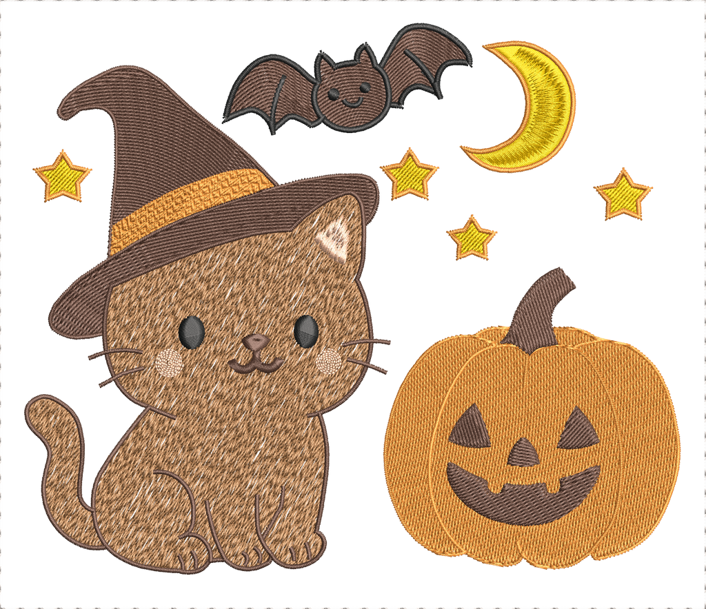 Chat Sorcier & Citrouille – Scène Halloween – Motif de Broderie Machine pour Cadre 20x20 ou 26x16