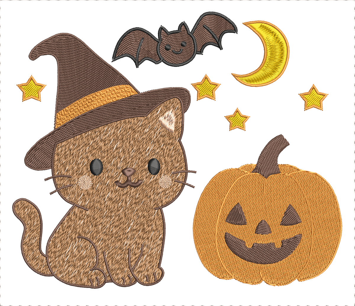 Chat Sorcier & Citrouille – Scène Halloween – Motif de Broderie Machine pour Cadre 20x20 ou 26x16