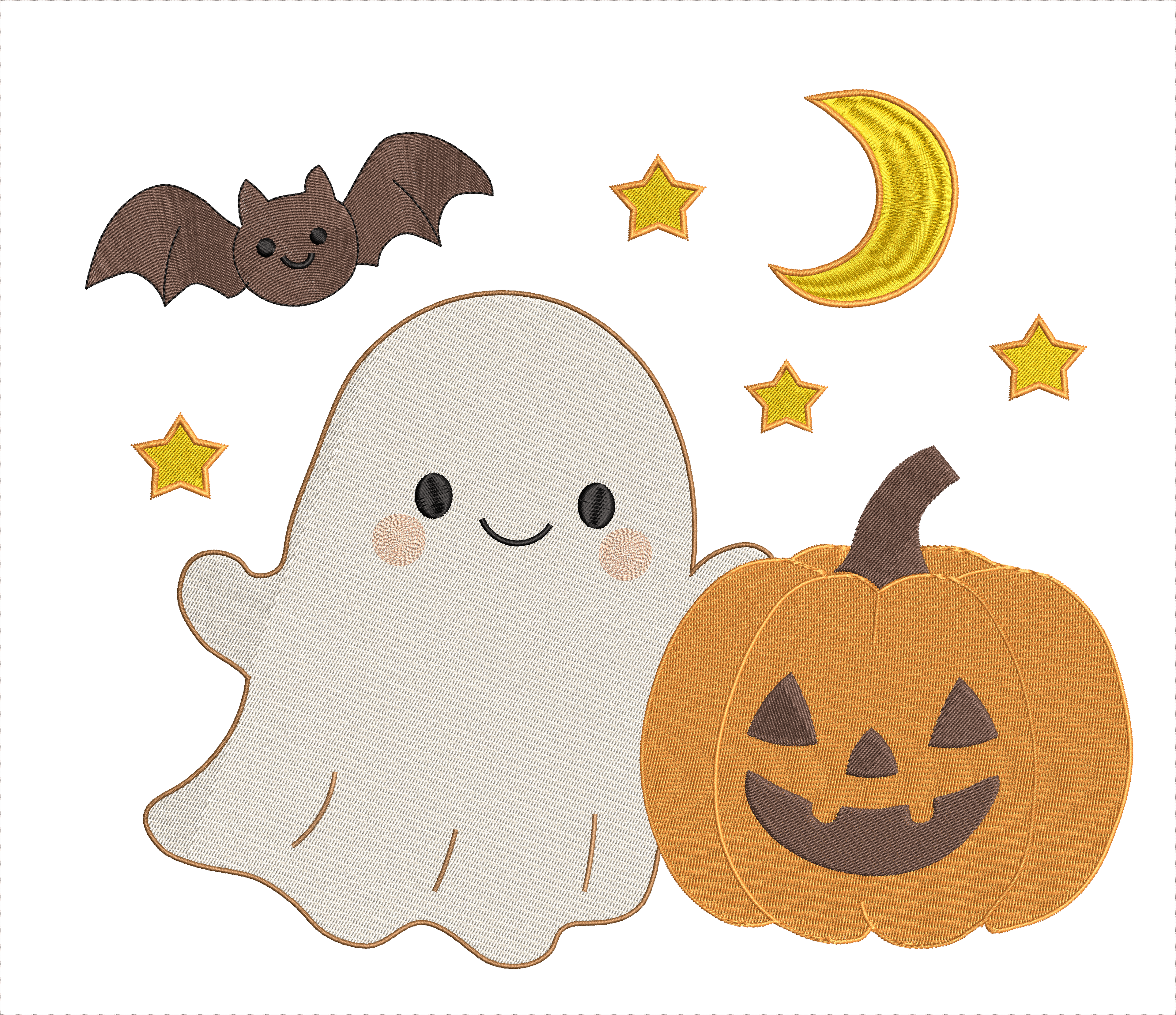 Motif de broderie machine Halloween avec fantôme souriant, citrouille, chauve-souris, lune et étoiles compatible cadres 20x20 et 26x16