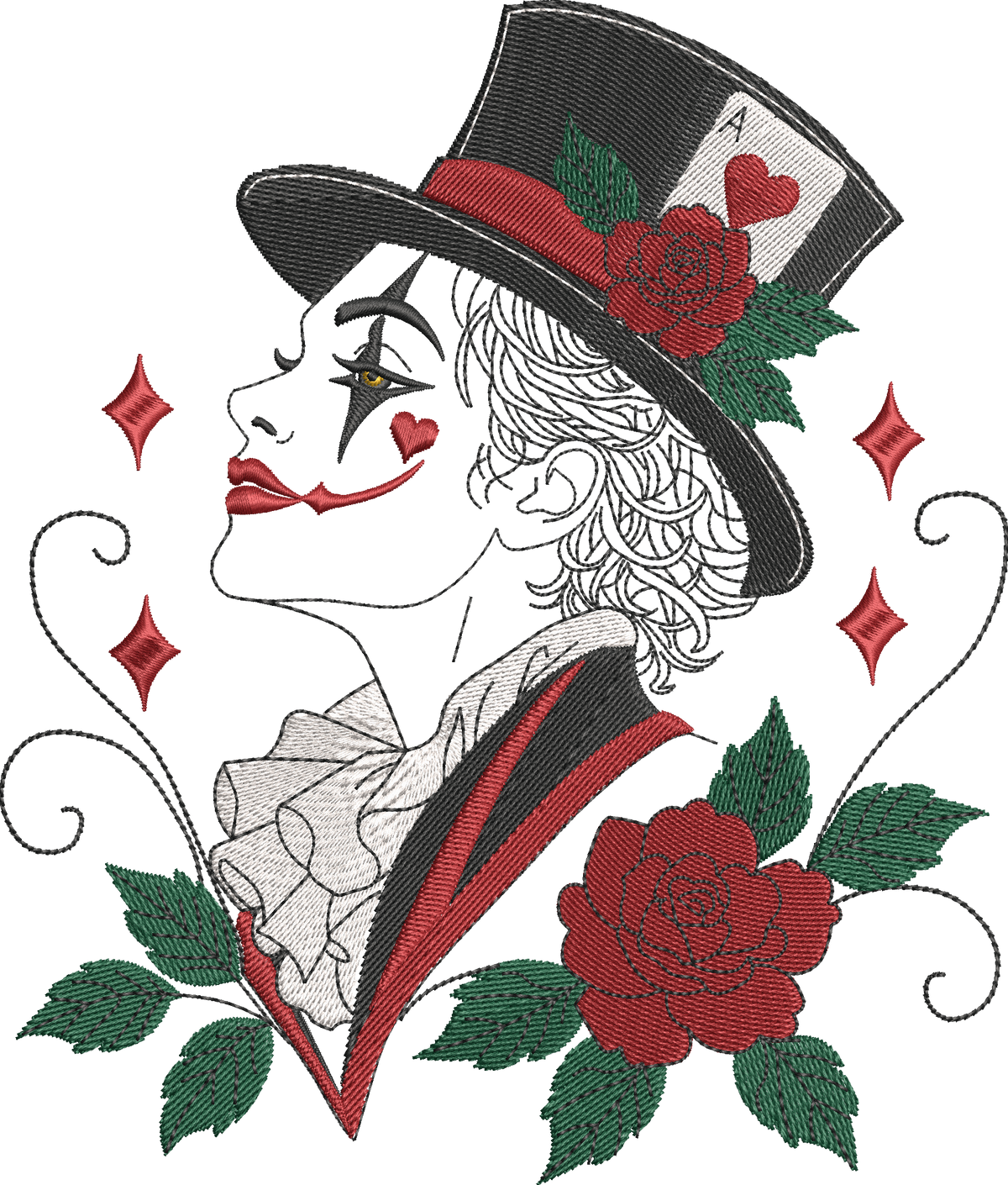 L’ArleKing homme arlequin dark avec haut-de-forme, carte à jouer et roses rouges – motif de broderie machine Halloween