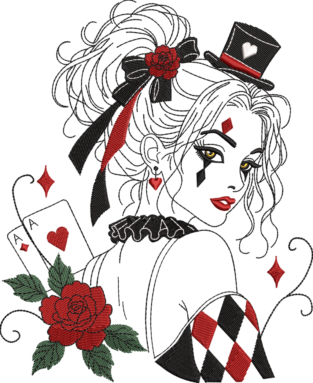 L’Arlequeen – femme arlequin Halloween Dark avec cartes à jouer, roses, haut-de-forme et losanges – motif de broderie machine