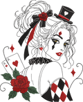 L’Arlequeen – femme arlequin Halloween Dark avec cartes à jouer, roses, haut-de-forme et losanges – motif de broderie machine