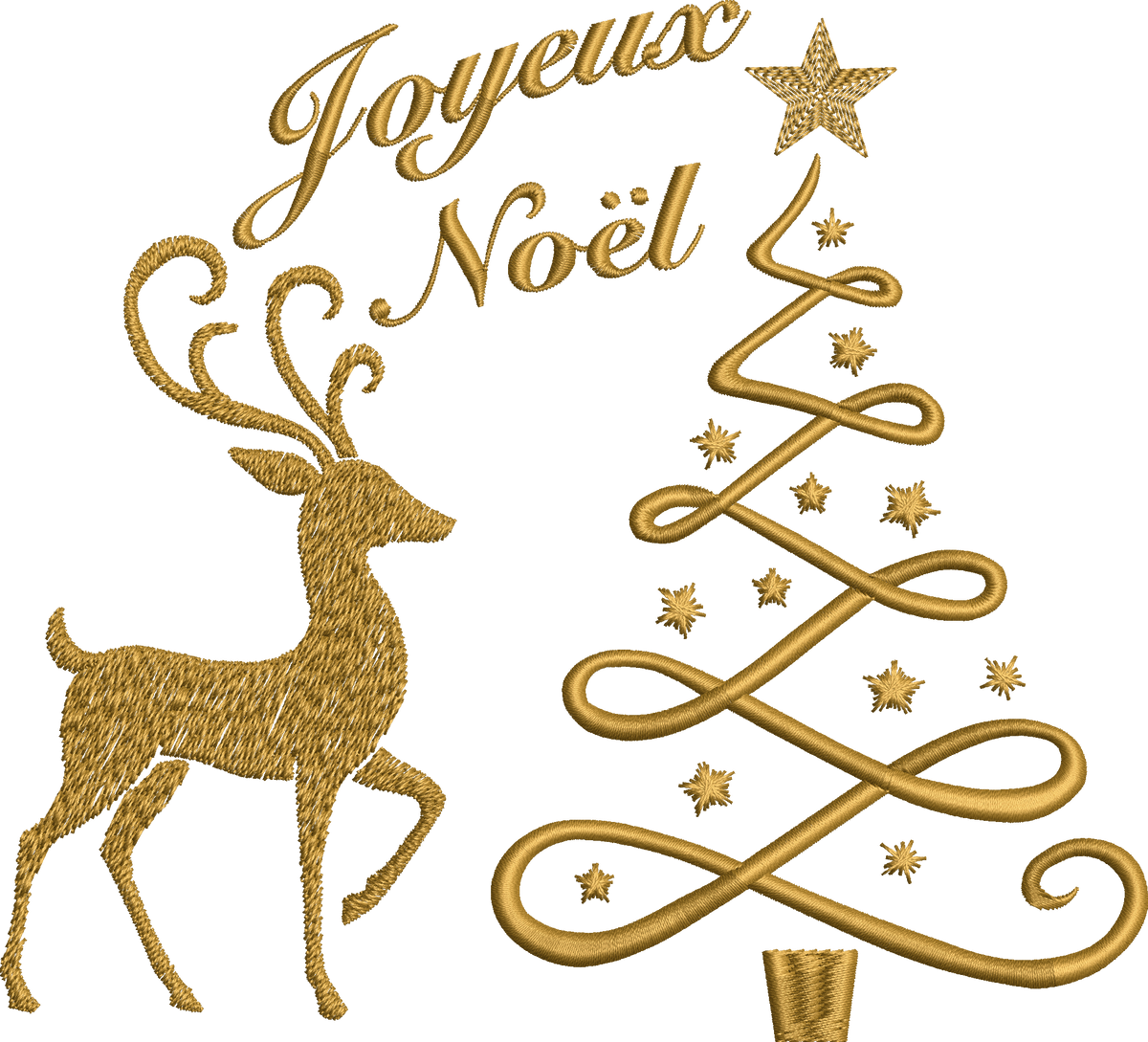 Joyeux Noël avec cerf majestueux et sapin stylisé décoré d’étoiles – motif de broderie machine disponible en version colorée ou dorée