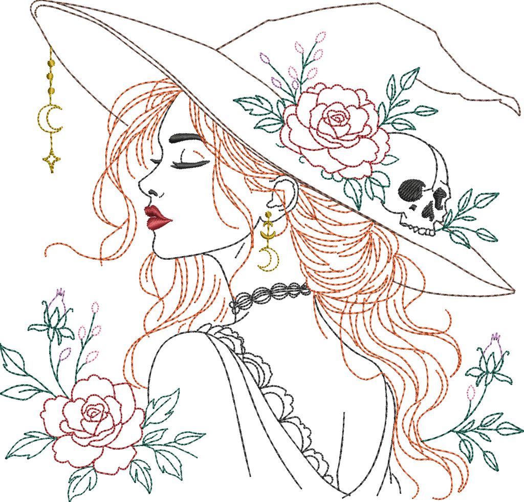 La Belle Ensorcelleuse sorcière fleurie avec chapeau, rose, crâne et lune – motif de broderie machine