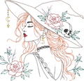 La Belle Ensorcelleuse sorcière fleurie avec chapeau, rose, crâne et lune – motif de broderie machine
