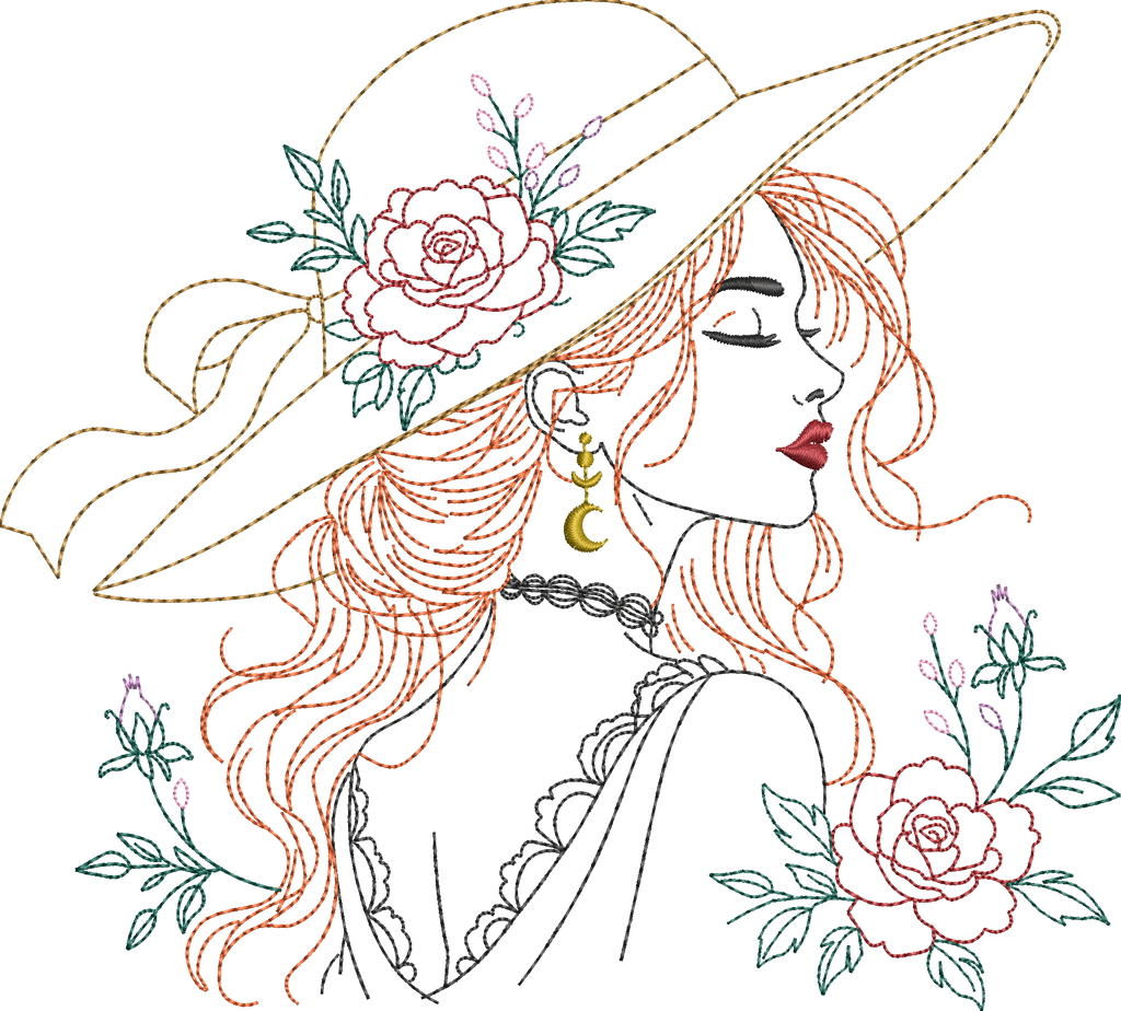 La Belle Romantique – femme bohème au grand chapeau ornée de roses et de fleurs – motif de broderie machine