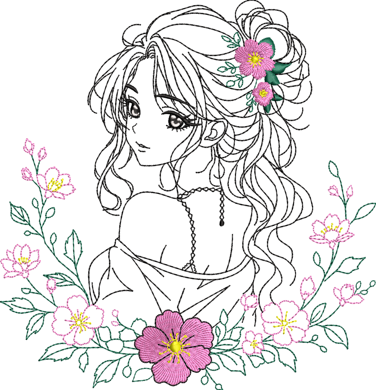La Belle aux Sakura – jeune femme style manga romantique entourée de fleurs de cerisier – motif de broderie machine